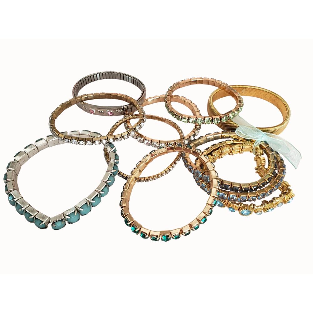 10 Rhinestone Stretch Bracelets Gold/Silver Tone Blue Green Glam Rocker Coquette